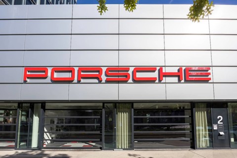 Porsche logo at the Porsche Centre Autohaus am Pragsattel in Stuttgart, Germany