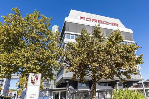 Porsche headquarters at Porscheplatz in Stuttgart-Zuffenhausen in Stuttgart, Germany