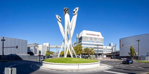 Porsche headquarters at Porscheplatz in Stuttgart-Zuffenhausen with Panorama artwork in Stuttgart,