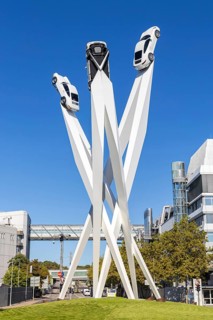 Porsche headquarters at Porscheplatz in Stuttgart-Zuffenhausen with artwork in Stuttgart, Germany