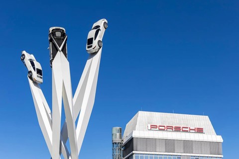 Porsche 911 cars artwork at the headquarters at Porscheplatz in Stuttgart-Zuffenhausen in