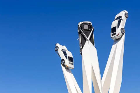 Porsche 911 cars artwork at the headquarters at Porscheplatz in Stuttgart-Zuffenhausen in