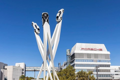 Porsche headquarters at Porscheplatz in Stuttgart-Zuffenhausen with artwork in Stuttgart, Germany