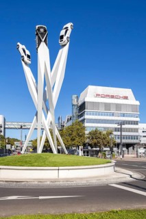 Porsche headquarters at Porscheplatz in Stuttgart-Zuffenhausen with artwork in Stuttgart, Germany