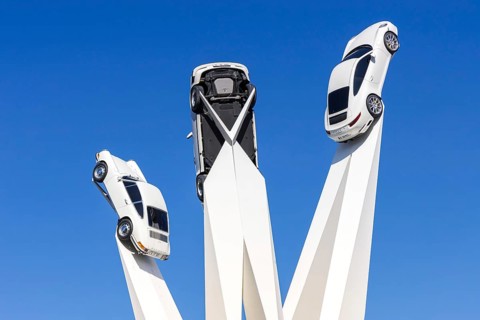 Porsche 911 cars artwork at the headquarters at Porscheplatz in Stuttgart-Zuffenhausen in