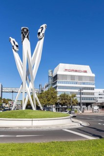 Porsche headquarters at Porscheplatz in Stuttgart-Zuffenhausen with artwork in Stuttgart, Germany