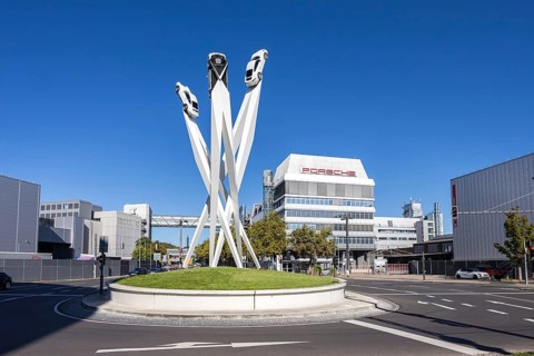Porsche headquarters at Porscheplatz in Stuttgart-Zuffenhausen with artwork in Stuttgart, Germany