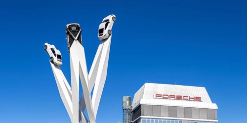 Porsche 911 cars artwork at the headquarters at Porscheplatz in Stuttgart-Zuffenhausen Panorama in