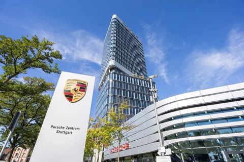 Porsche Design Tower high-rise and Porsche Centre Autohaus am Pragsattel in Stuttgart, Germany
