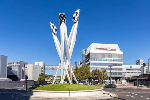 Porsche headquarters at Porscheplatz in Stuttgart-Zuffenhausen with artwork in Stuttgart, Germany