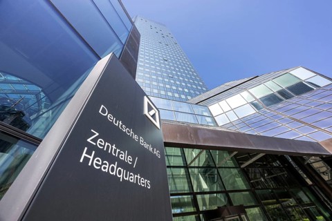 Deutsche Bank AG headquarters in the skyscraper tower in Frankfurt, Germany