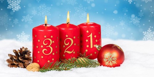 Third 3rd Advent with candle Christmas Christmas card for Christmas time snow background with text