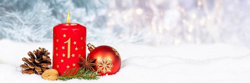 First 1st Advent Candle for Christmas Panorama Christmas Card in Winter with copy space Copyspace