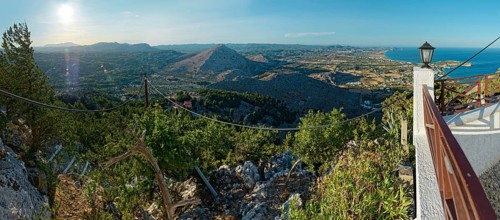 Panoramic view over the Mediterranean landscape of Kolymbia and Faliraki with mountains, coast and