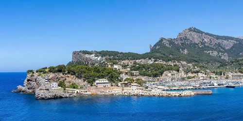 Port de Soller on Majorca holiday by the sea travel mountains landscape panorama in Port de Sóller,
