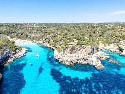 Aerial view of Cala Llombards beach on the island of Majorca from above in the Mediterranean Sea