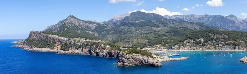 Port de Soller in Majorca panoramic seaside holiday travel mountains landscape in Port de Sóller,
