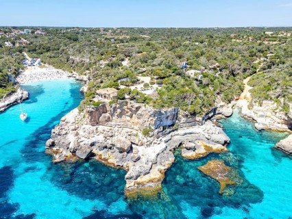 Aerial view of Cala Llombards beach on the island of Majorca from above in the Mediterranean Sea