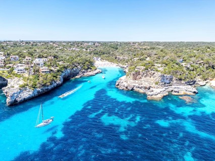 Aerial view of Cala Llombards beach on the island of Majorca from above in the Mediterranean Sea