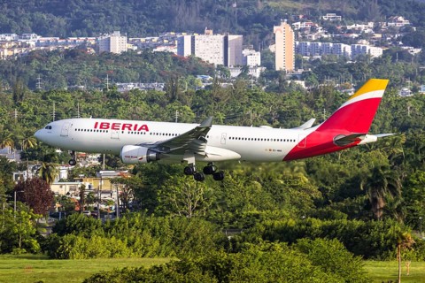 An Iberia Airbus A330-200 aircraft with the registration EC-MNK at San Juan Airport, Puerto Rico