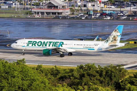 A Frontier Airlines Airbus A321 aircraft with registration N717FR at San Juan Airport, Puerto Rico