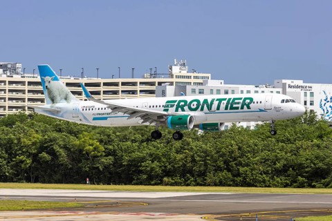 A Frontier Airlines Airbus A321 aircraft with registration N722FR at San Juan Airport, Puerto Rico