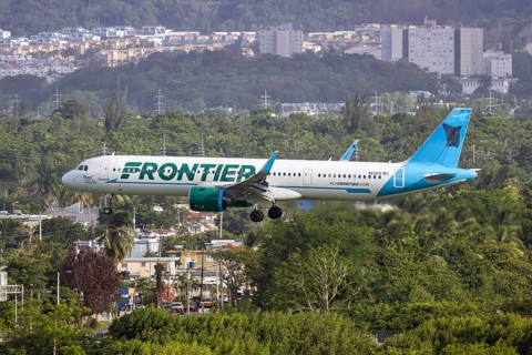 A Frontier Airlines Airbus A321neo aircraft with the registration number N631FR at San Juan