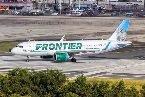 A Frontier Airlines Airbus A320neo aircraft with the registration number N395FR at San Juan