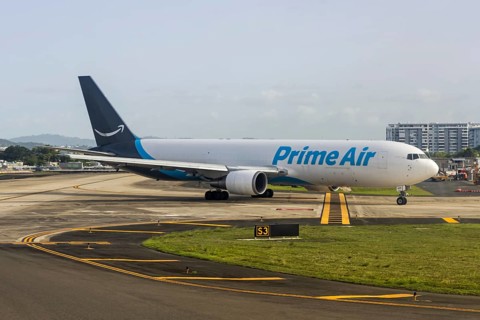 A Boeing 767-300ER BDSF aircraft of Amazon Prime Air with registration N409AZ at San Juan Airport,