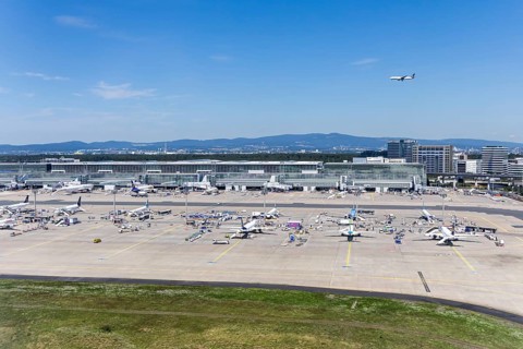 Aerial view of Terminal 2 at Frankfurt Airport, Germany