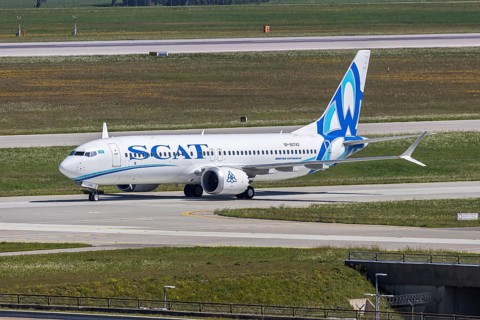 A Boeing 737 MAX 8 aircraft of SCAT with registration UP-B3742 at Munich Airport, Germany