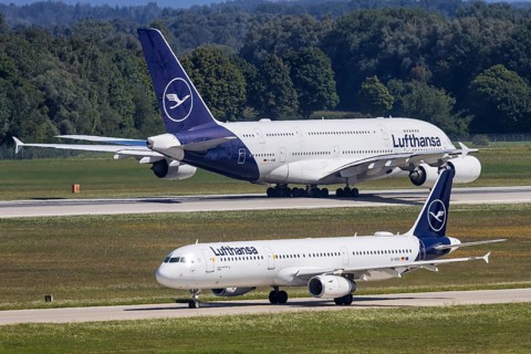 Airbus A380 and A321 aircraft of Lufthansa with the registration D-AIDX at Munich Airport, Germany