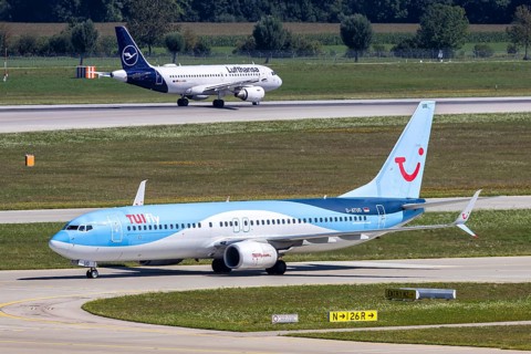 A TUI Boeing 737-800 aircraft with the registration D-ATUO at Munich Airport, Germany