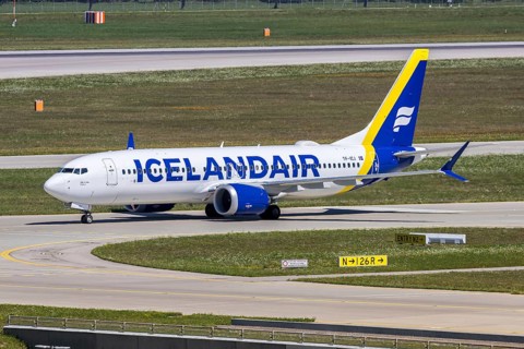 A Boeing 737 MAX 8 aircraft of Icelandair with the registration TF-ICJ at Munich Airport, Germany