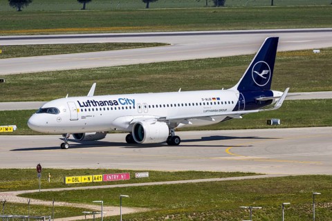 A Lufthansa City Airbus A320neo aircraft with the registration D-AIJQ at Munich Airport, Germany