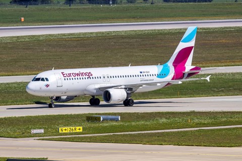 A Eurowings Europe Airbus A320 aircraft with the registration 9H-EUV at Munich Airport, Germany