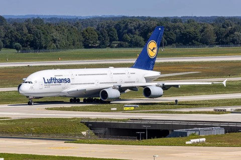 A Lufthansa Airbus A380-800 aircraft with the registration D-AIMA at Munich Airport, Germany