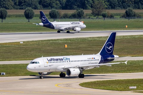A Lufthansa City Airbus A319 aircraft with the registration D-ASTX at Munich Airport, Germany