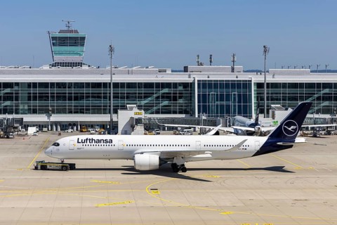 A Lufthansa Airbus A350-900 aircraft with the registration D-AIVC at Munich Airport, Germany