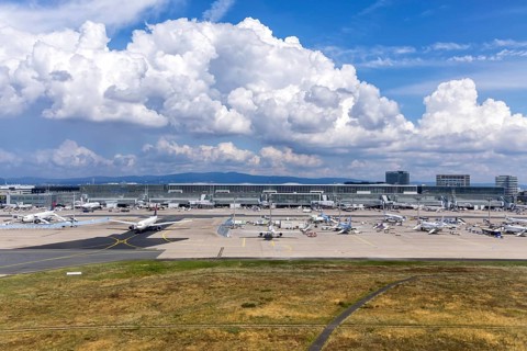 Aerial view of Terminal 2 at Frankfurt Airport, Germany