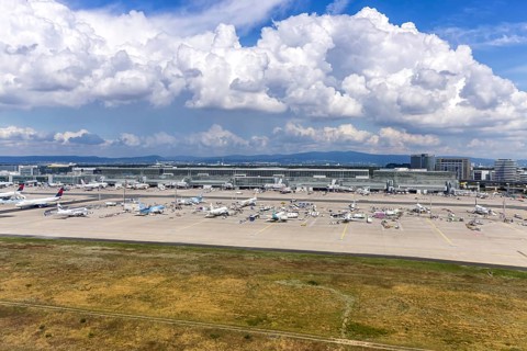 Aerial view of Terminal 2 at Frankfurt Airport, Germany