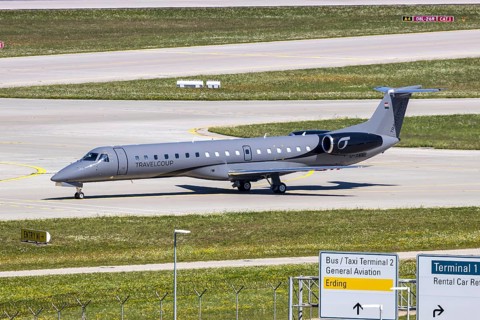 An Embraer ERJ 145 aircraft of Travelcoup with the registration D-AMME at Munich Airport, Germany
