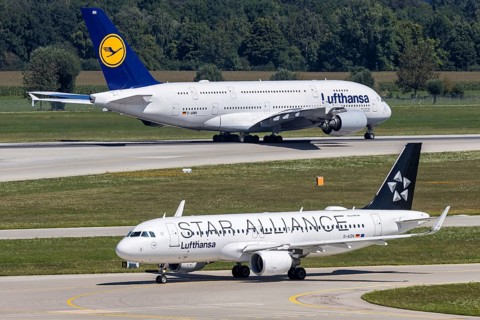 Airbus A320 and A380 aircraft of Lufthansa with the registration D-AIZN at Munich Airport, Germany