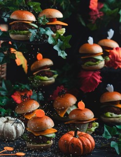 Sesame seeds trickle onto small burgers and pumpkins in a Halloween atmosphere