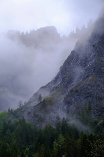 Fog, rain clouds between rocks, Gramai Alm, Karwendel, near Pertisau, Tyrol, Austria