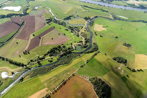 Aerial view, elbe, mecklenburg-vorpommern, lower saxony, river, dike construction, sude, small