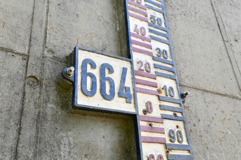 Close up of water level gauge on dam wall at Schwarzenbachtalsperre in the Black Forest region in