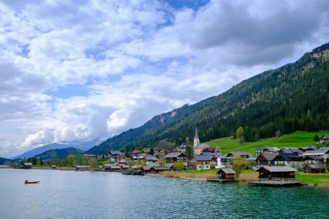 Weißensee, dark clouds, near Techendorf, Carinthia, Austria