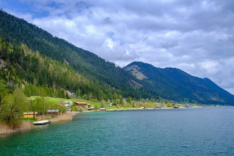 Weißensee, dark clouds, near Techendorf, Carinthia, Austria