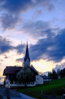 Protestant church, evening mood at Lake Weissensee, near Techendorf, Carinthia, Austria